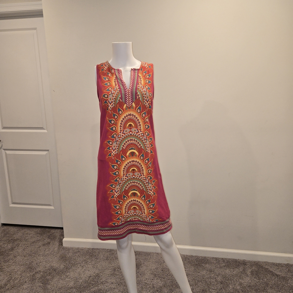 Vibrant Pink Sleeveless Dress with Intricate Patterns